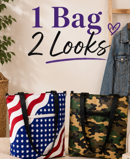 1 Bag 2 Looks Reversible Tote — Camouflage & Flag